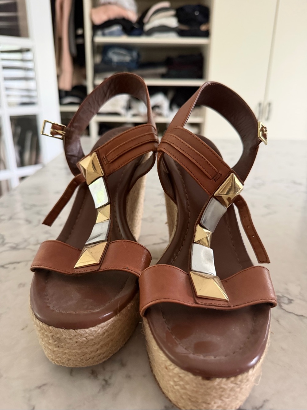kate spade Brown Leather Espadrille Wedge Sandals with Metallic Studs